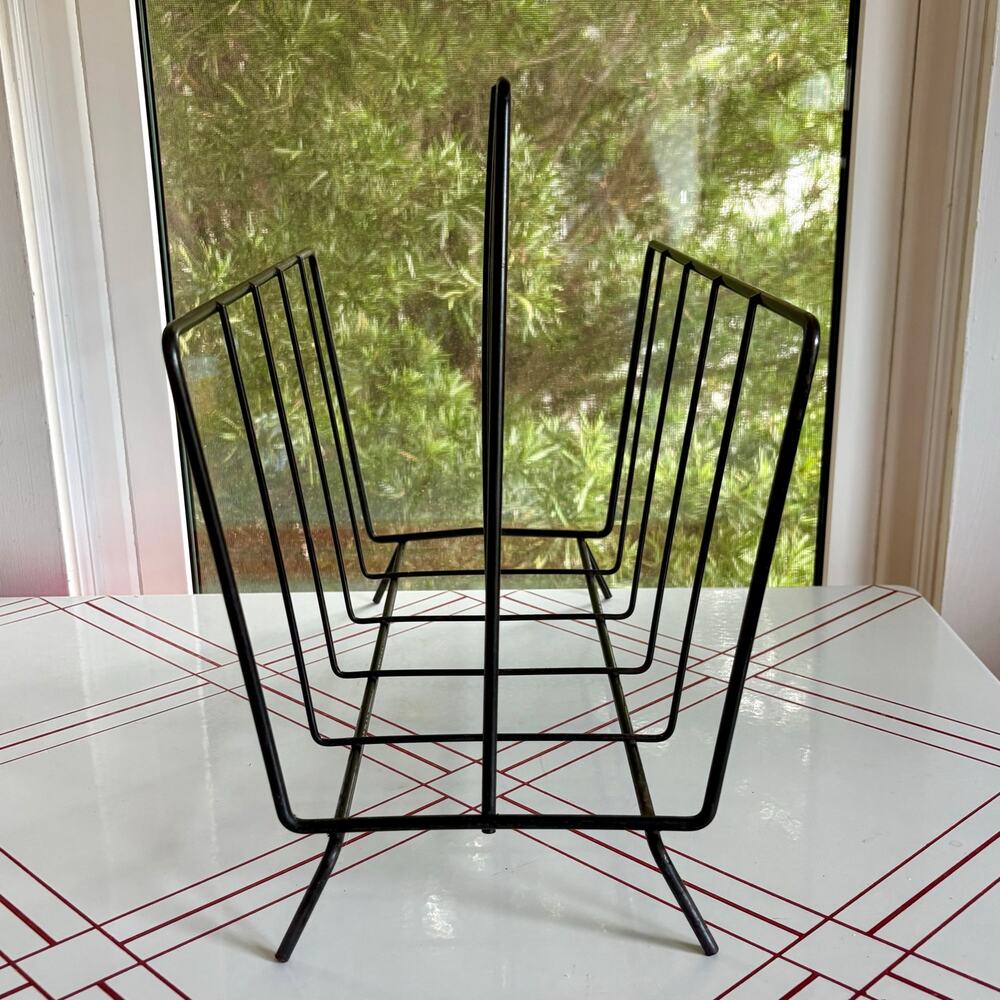 Vintage Black Wire Magazine Rack MCM Metal Record Holder